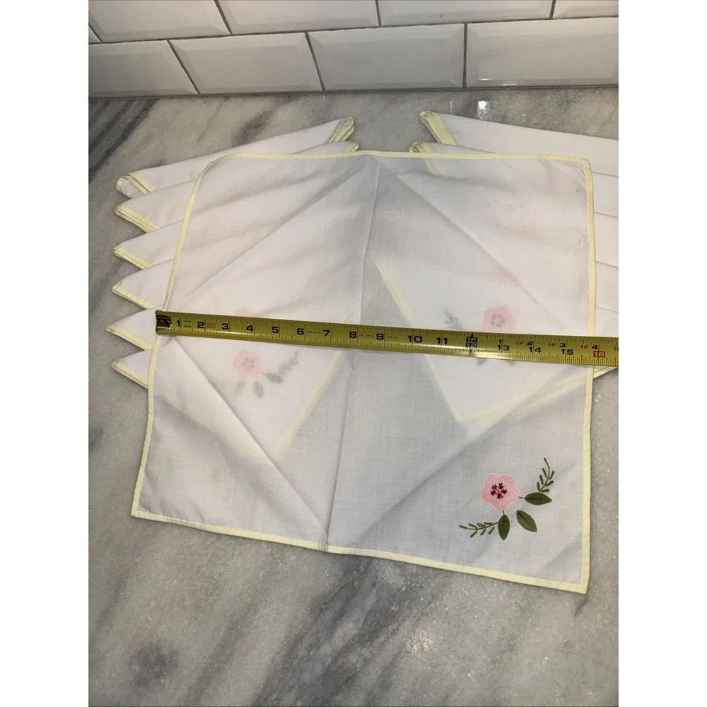 Vintage Hankercheif  Napkins White Appliqué‎ Pink Flower Yellow Border Set of 12